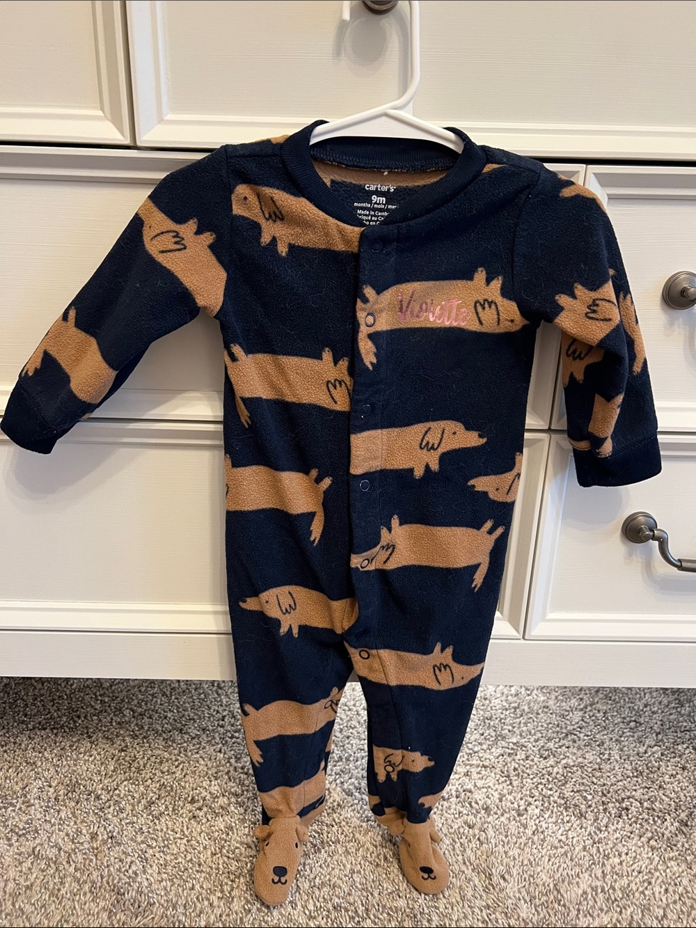 Carter's Navy One-Piece Fleece Footed Pajamas with Brown Dachshund Print